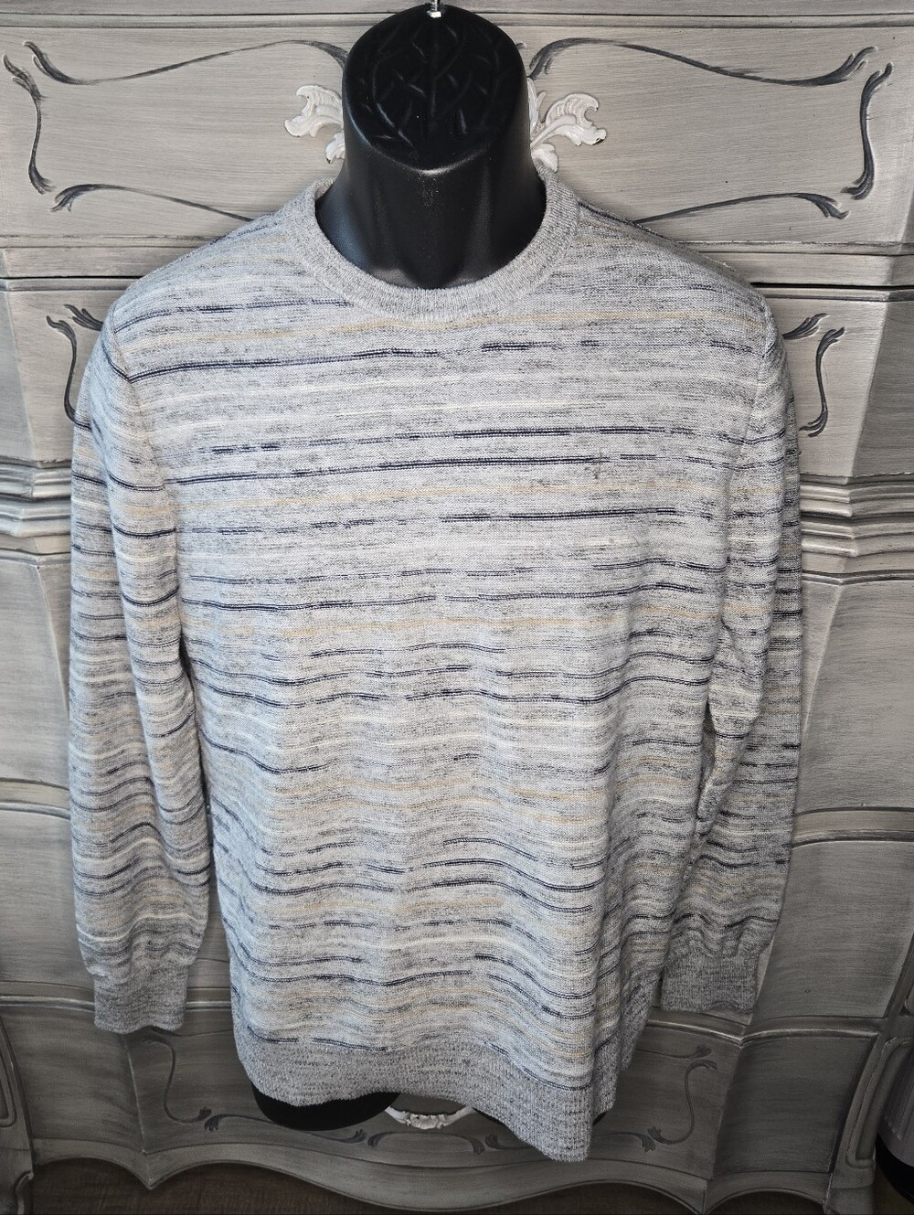 Goodfellow & Co Heather Gray Crewneck Sweater with Navy and Beige Stripes